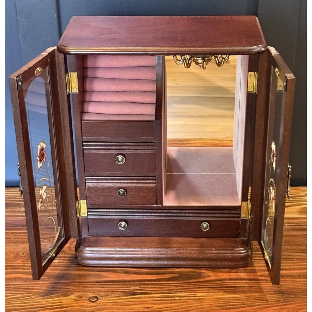 Vintage Powell Jewelry Armoire Magnetic-Close Doors Mirror Drawers 13